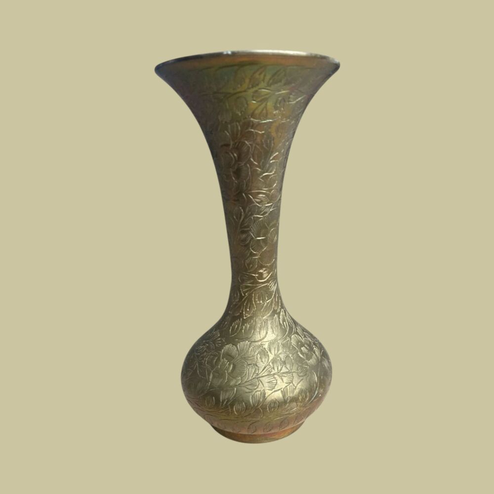 Vintage Brass Bud Vase 6” Floral Etched Design India #243 Mid-Century Boho Decor